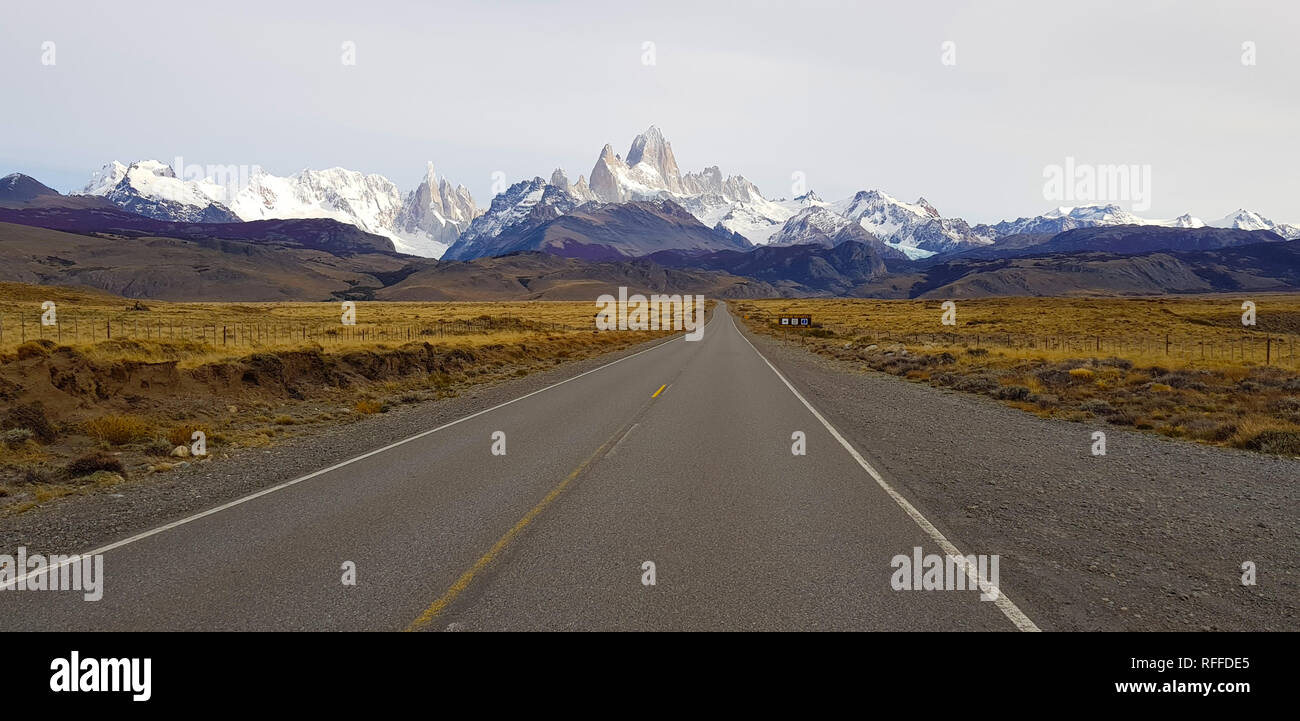 View of Fitz Roy along the road to El Chalten, Patagonia, Argentina Stock Photo
