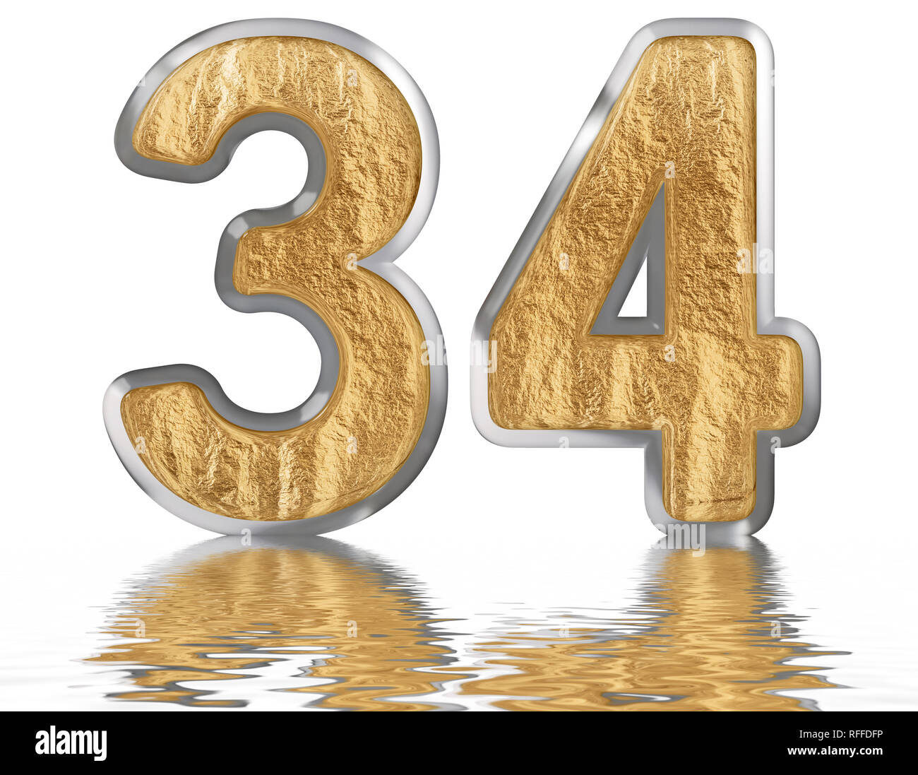 Numeral 34, thirty four, reflected on the water surface, isolated on ...