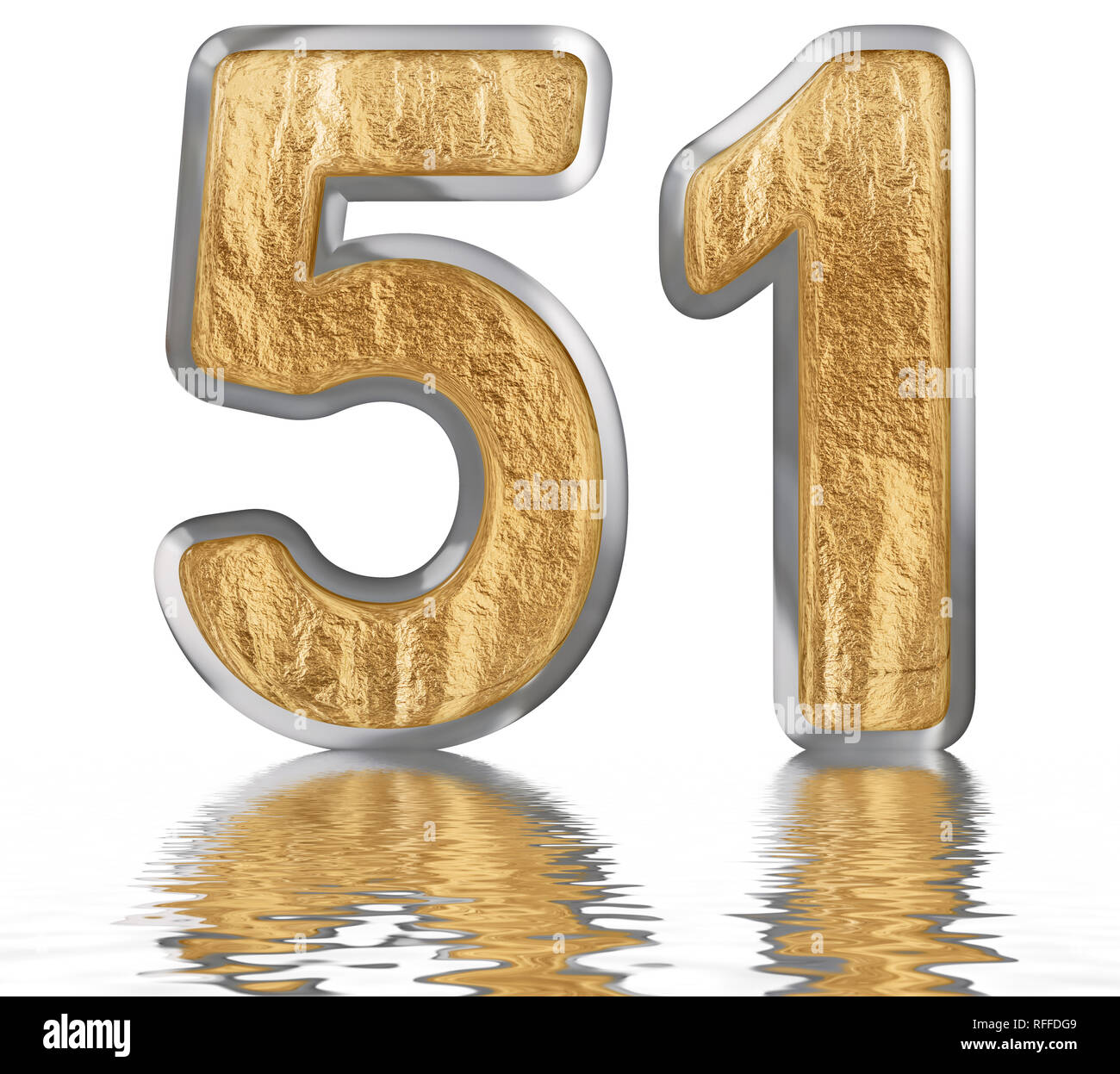 Numeral 51, fifty one, reflected on the water surface, isolated on ...