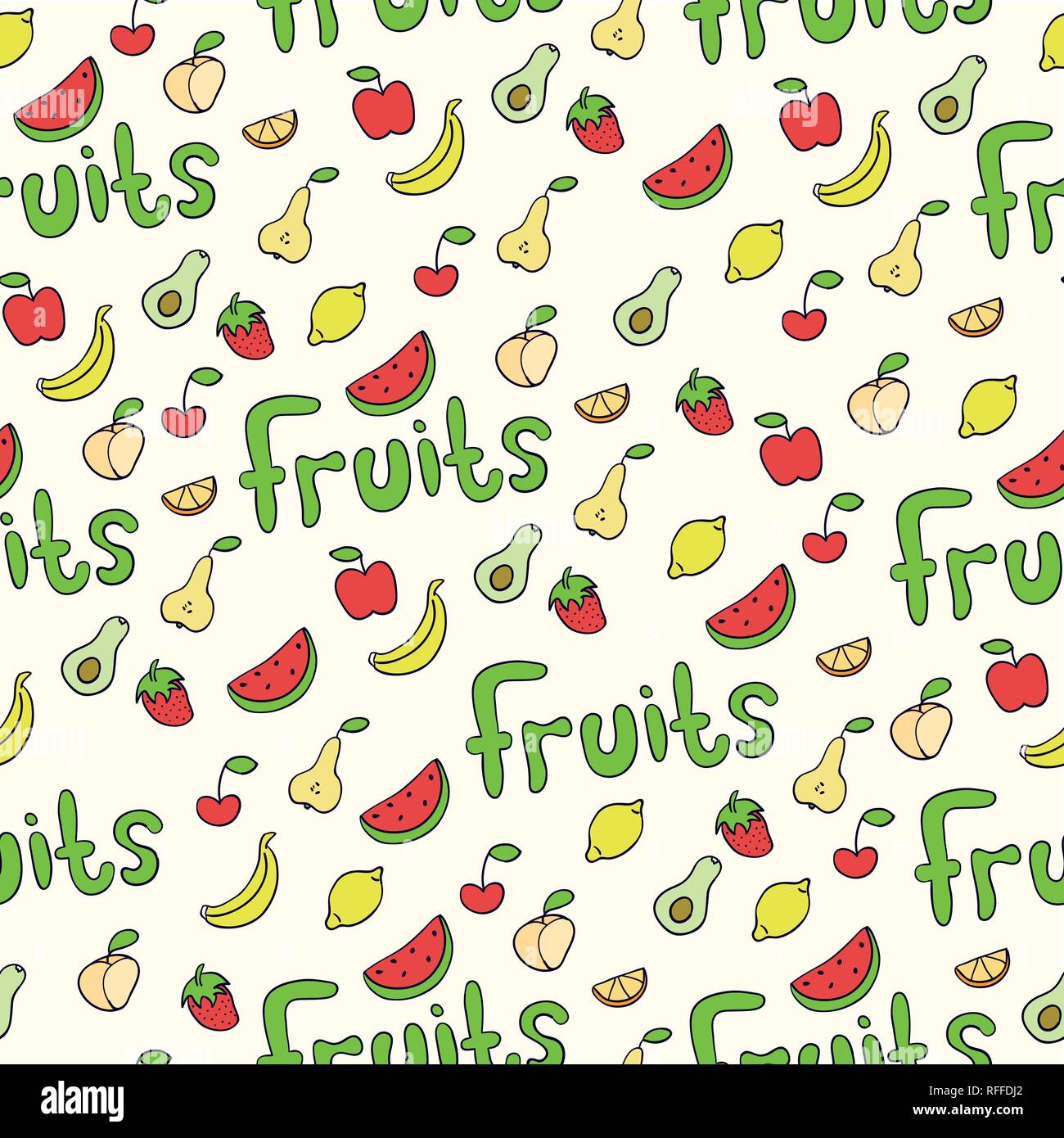 Doodle illustration of fruits. Seamless pattern with fruits. Hand drawn ...