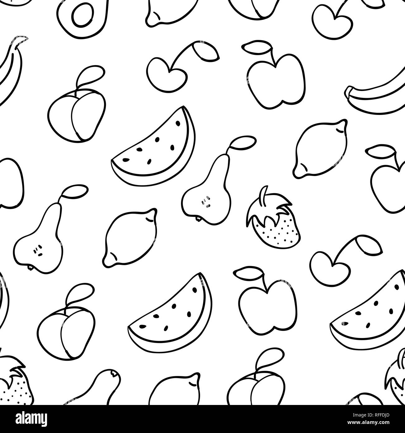 Doodle illustration of fruits. Seamless pattern with fruits. Hand drawn vector illustration made in cartoon style. Apple, banana, watermelon, peach, s Stock Vector