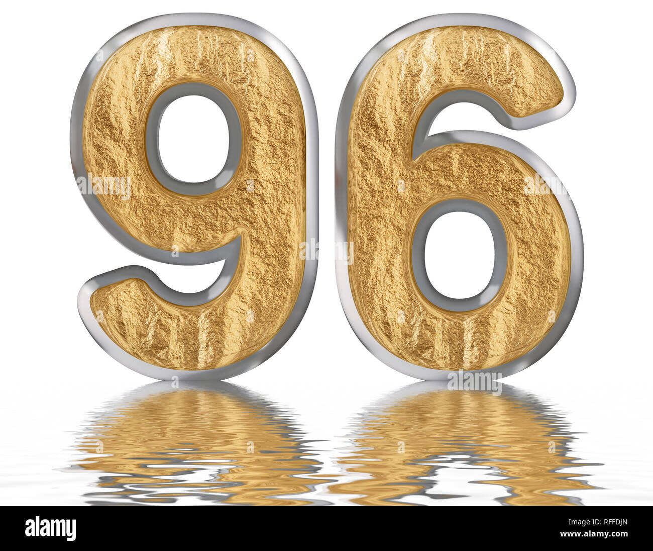 Numeral 96 ninety six reflected on the water surface isolated on