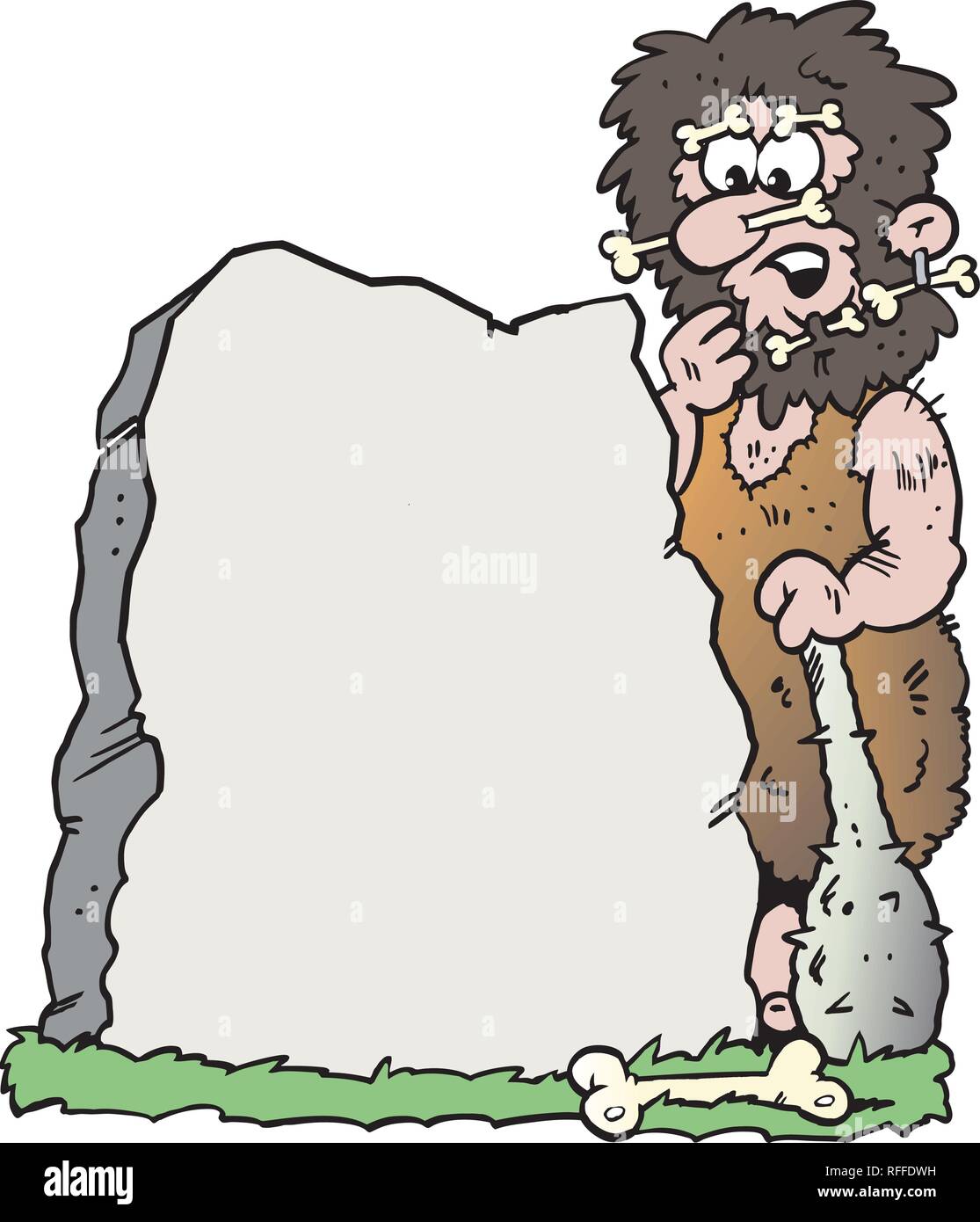 Cartoon Vector illustration of a Caveman looking at a Big Stone Stock Vector