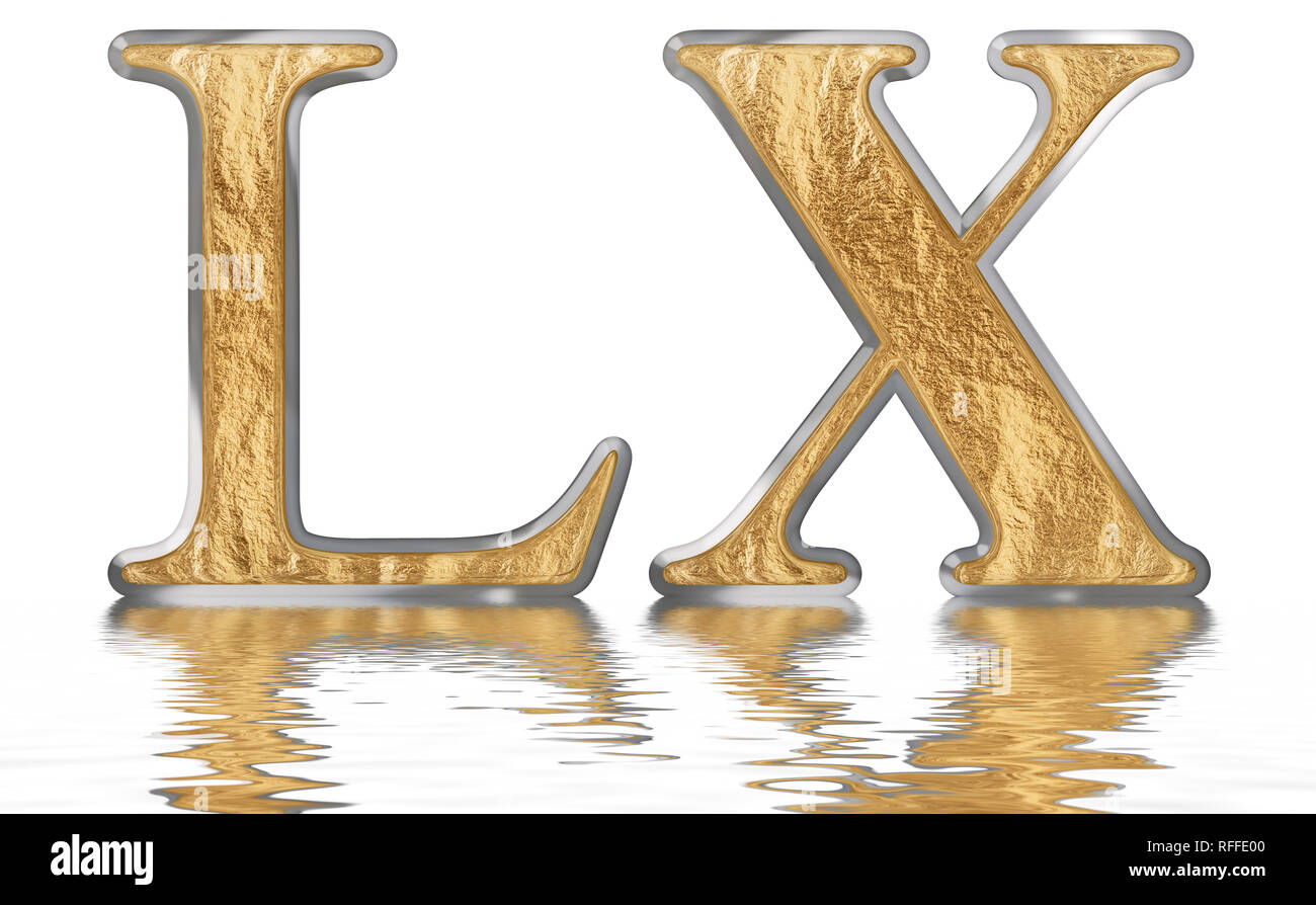 Numeral 60, sixty, sixty, reflected on the water surface, isolated on ...
