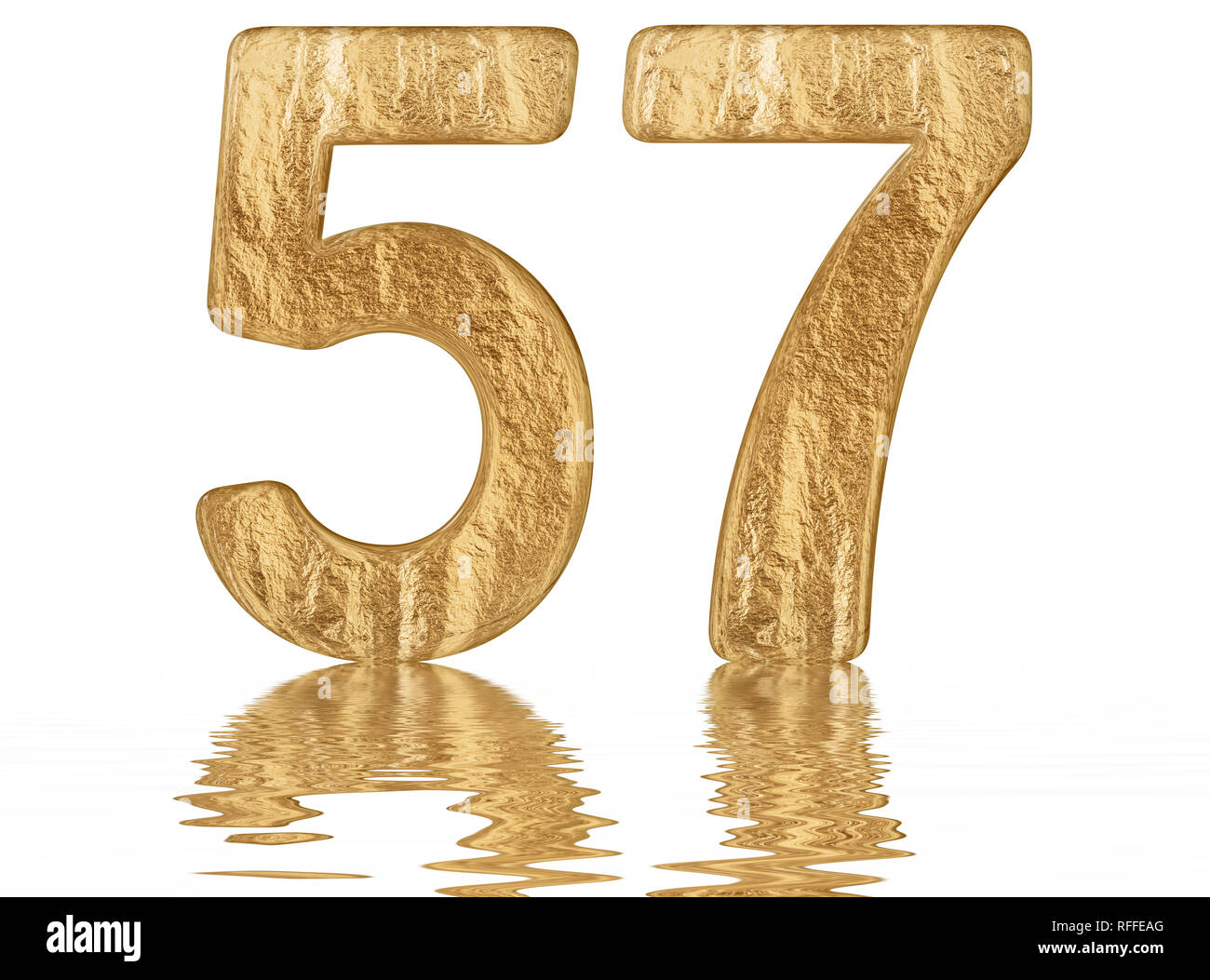 Numeral 57, fifty seven, reflected on the water surface, isolated on