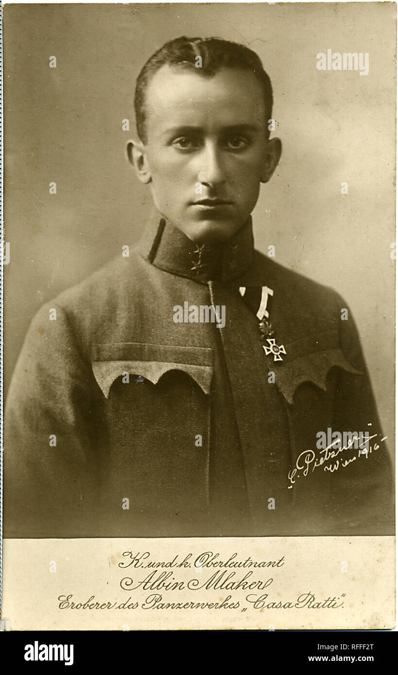 Portrait of Albin Mlakar, Slovenian officer in the Austro-Hungarian army, * February 25, 1890, Planina, † July 21, 1946, Maribor. In the First World War, it was on the eastern front, and from February 1916 until the end of the war, it was in the Isonzo battlefield. In May 1916, as a lieutenant of engineering units, he captured the Casa Ratti fortress, and in September of the same year he threw out Italian military positions on Monte Cimone near Arsiero, and in October 1917 he also destroyed the fortresses at Kal in the Krn Mountains Stock Photo