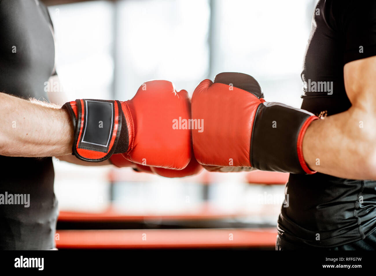 Two men touching with boxing gloves before the fight on the boxing ring
