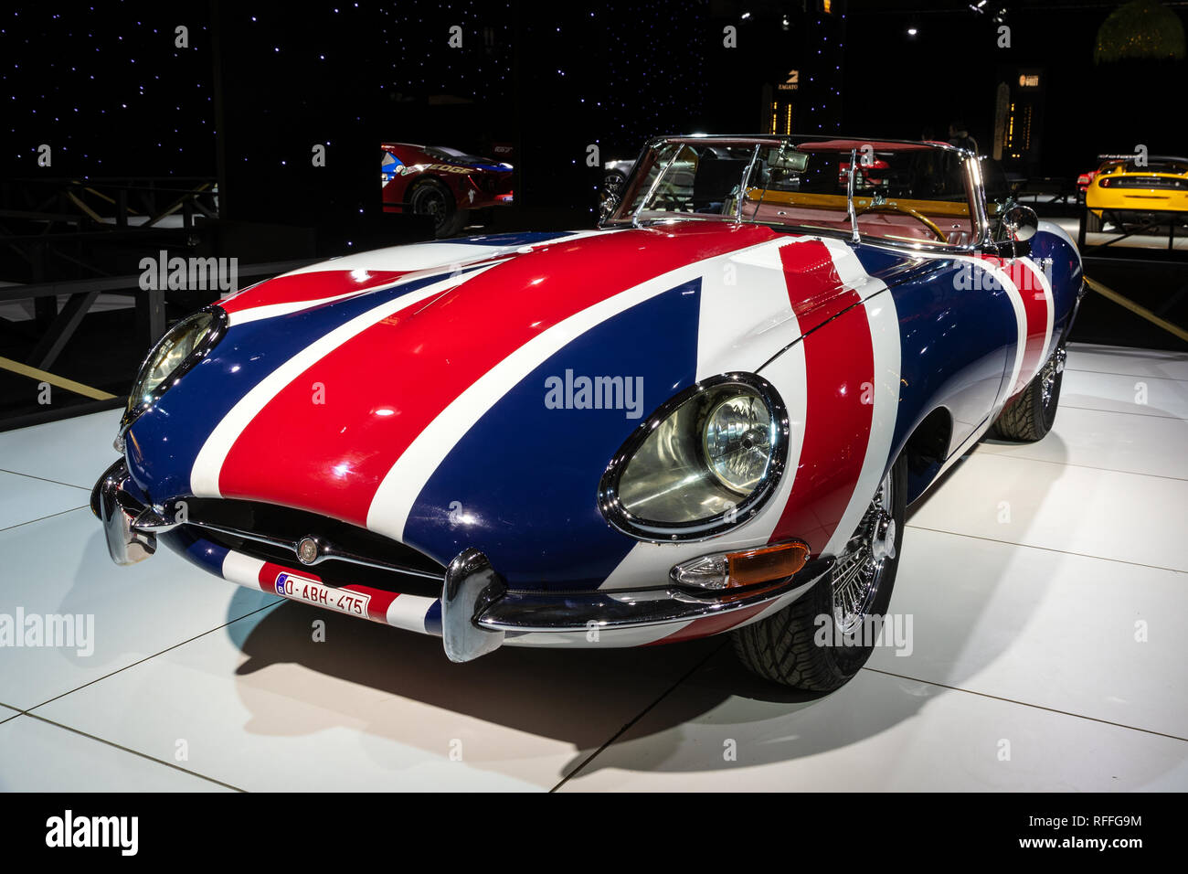 BRUSSELS - JAN 18, 2019: Jaguar E Type 1967 vintage sports car showcased at the 97th Brussels Motor Show 2019 Autosalon. Stock Photo