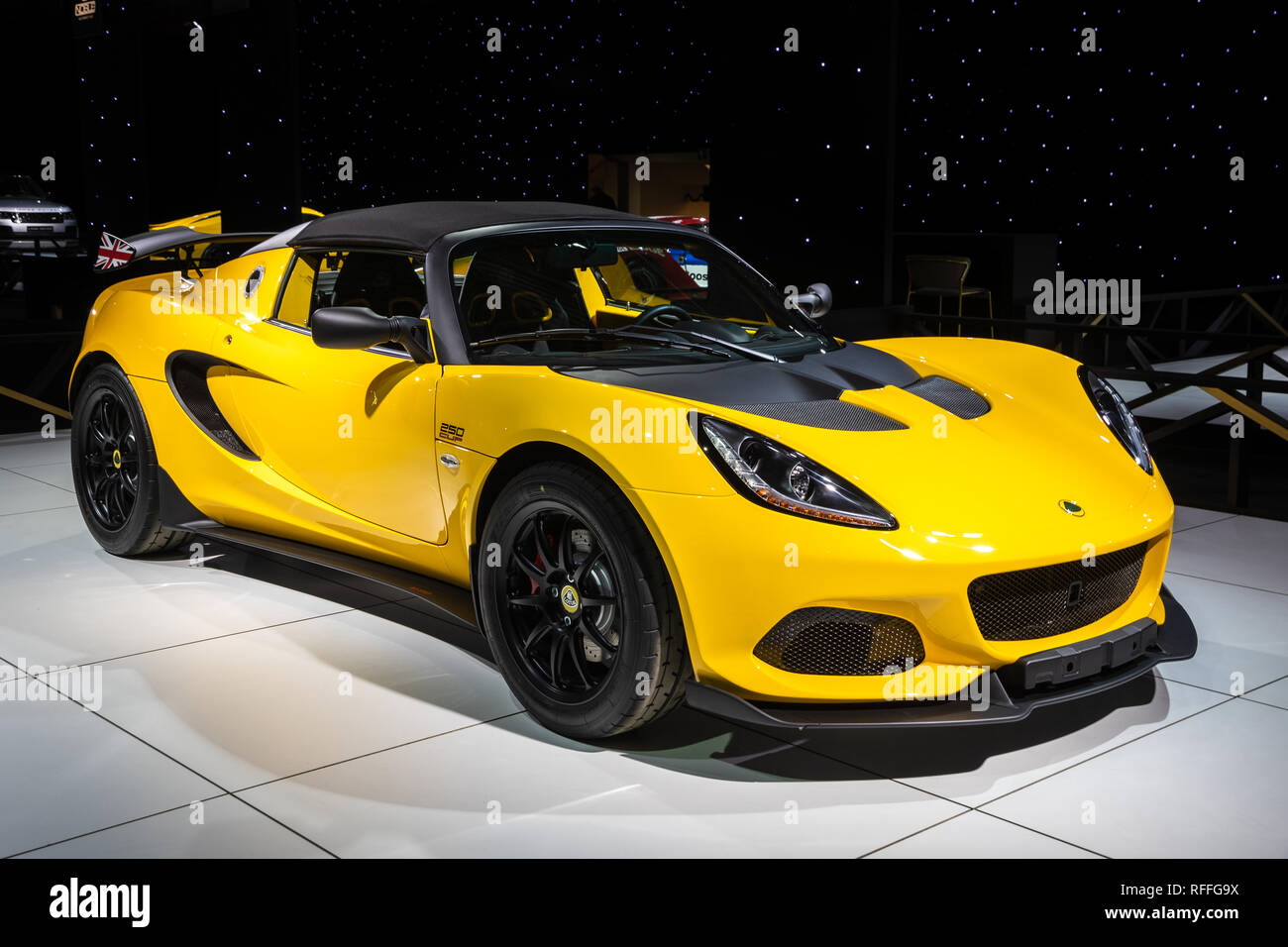 BRUSSELS - JAN 18, 2019: Lotus Elise Cup 250 sports car showcased at the 97th Brussels Motor Show 2019 Autosalon. Stock Photo