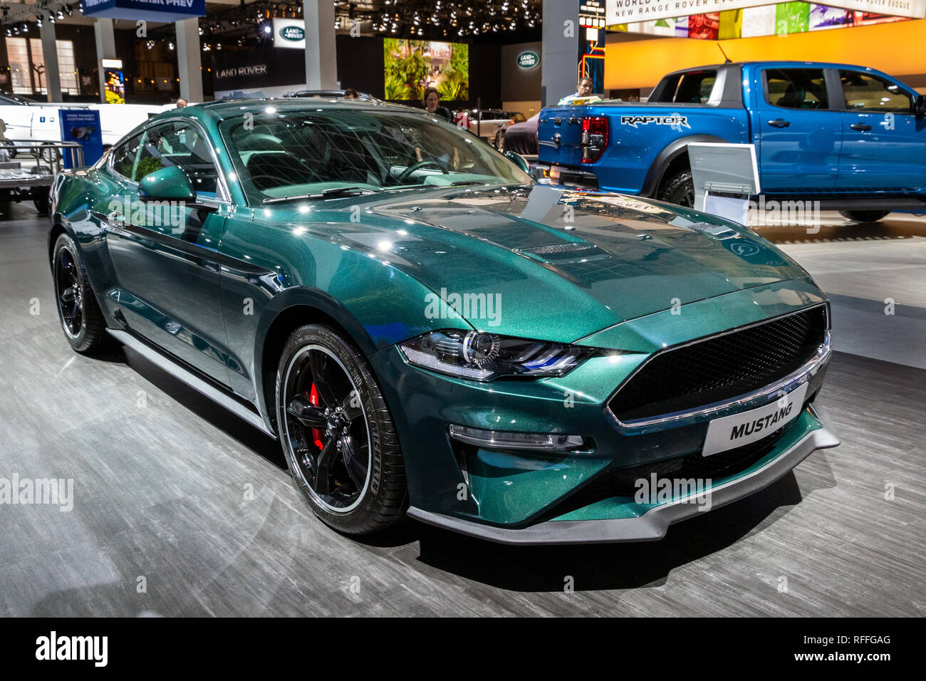BRUSSELS - JAN 18, 2019: Ford Mustang sports car showcased at the 97th Brussels Motor Show 2019 Autosalon. Stock Photo