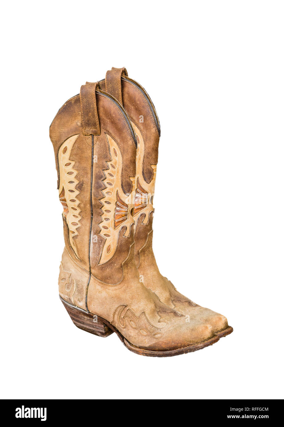 pair of new cowboy boots brown and yellow isolate against white background  Stock Photo - Alamy