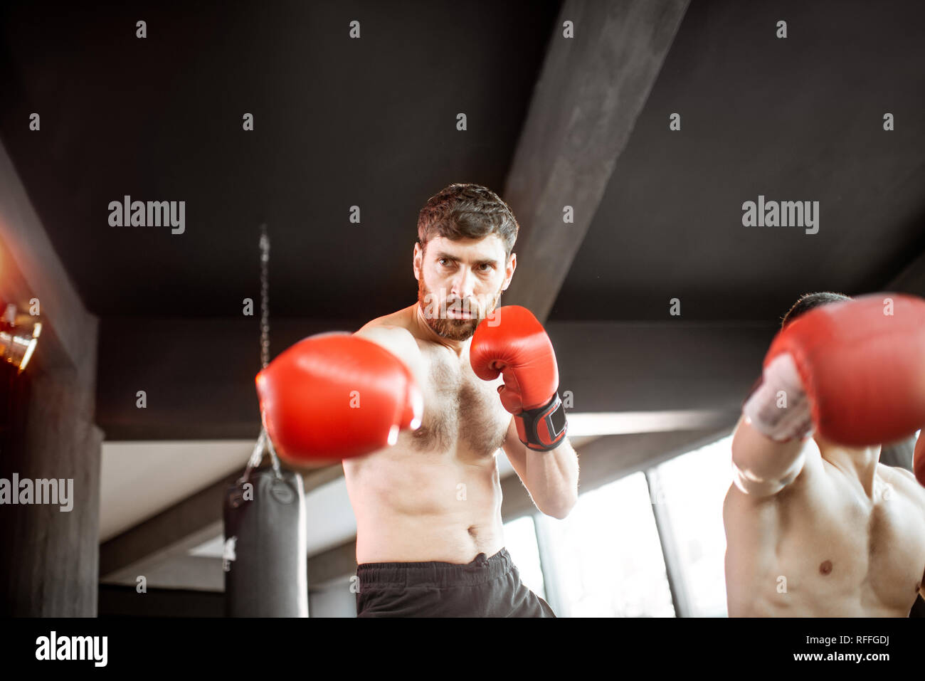 Portrait of a two professional boxers training together on the boxing