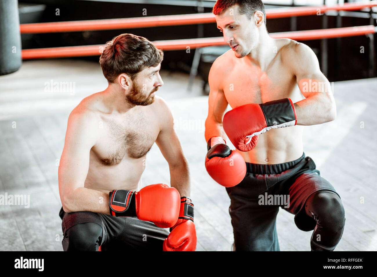 Portrait of a two professional boxers training together on the boxing
