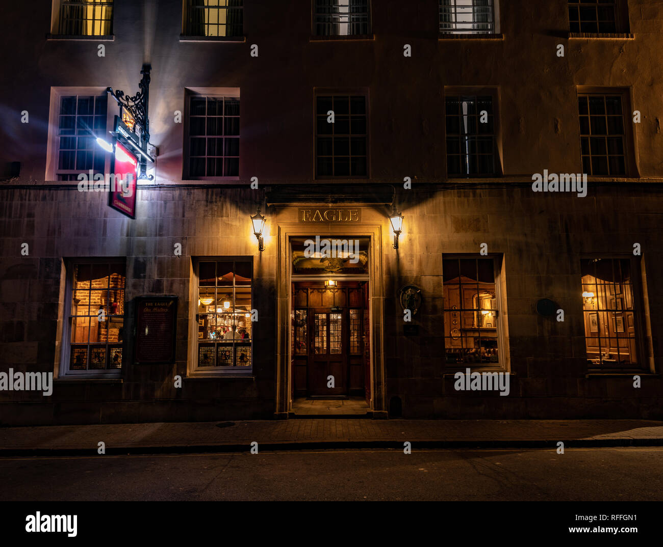 A famous Victorian pub in Cambridge town center floodlit at night Stock Photo