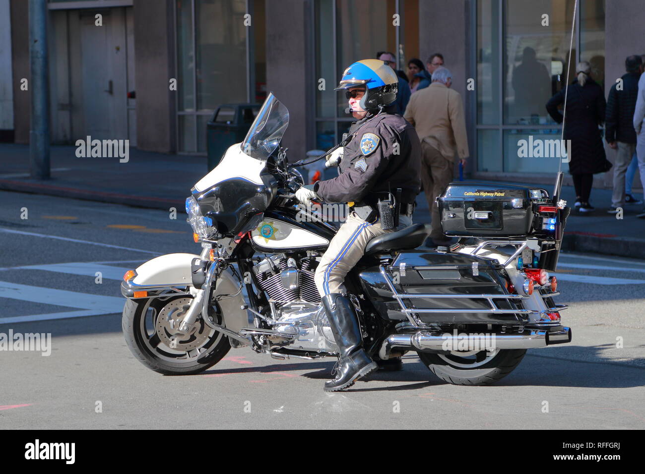 California Highway Patrol policeman on his Harley Davidson motorcycle in San Francisco, USA Stock Photo