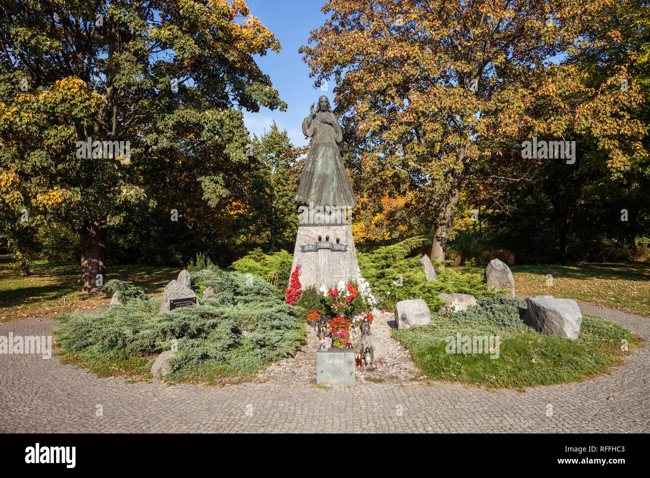 Jesus Christ monument with words 'Jesus I Trust You' in Moczydlo Park in city of Warsaw, Poland Stock Photo