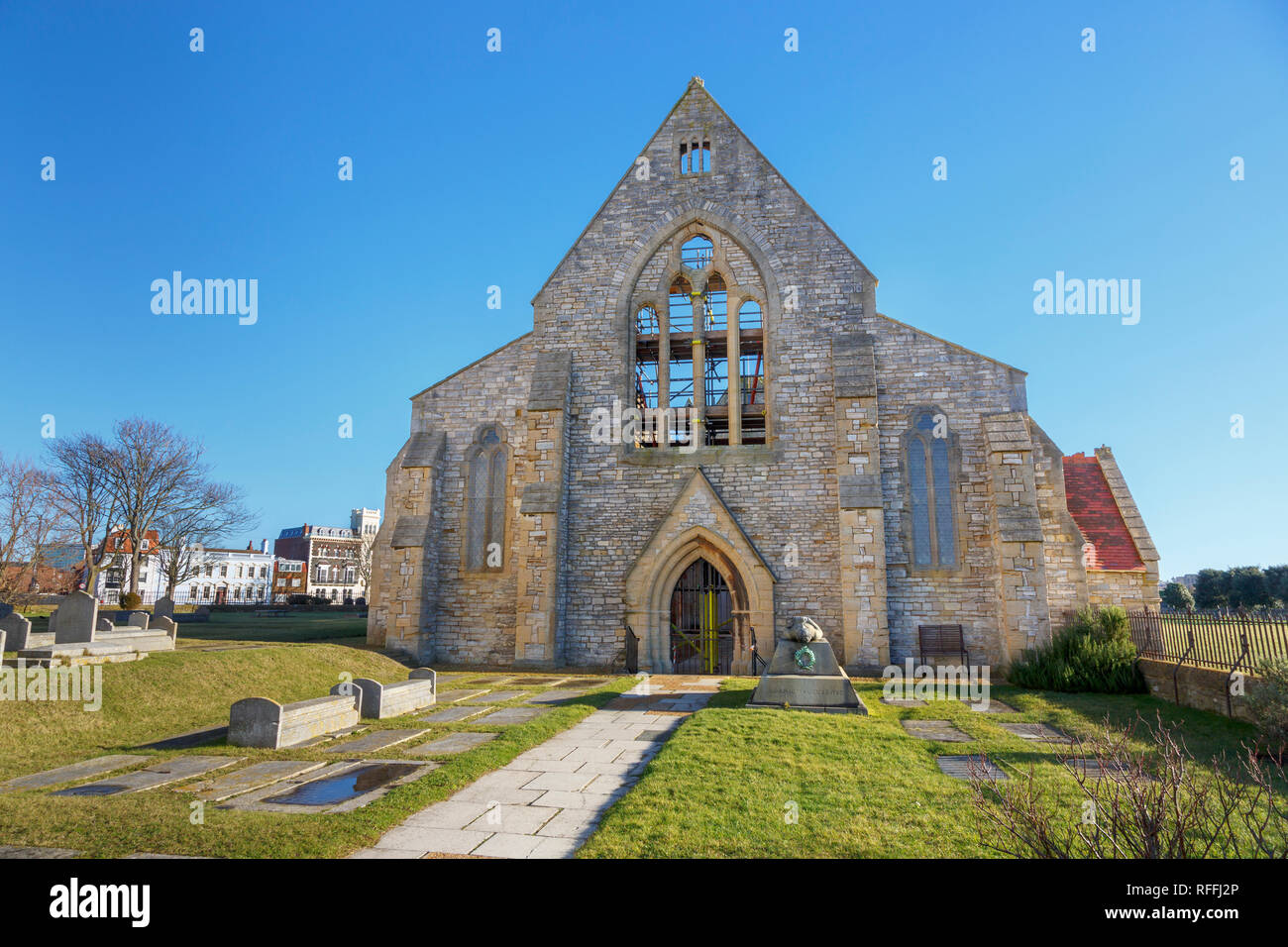 Front facade of the ruins of the Royal Garrison Church in Old Portsmouth, UK, bombed a fire raid in 1941 in World War II Stock Photo