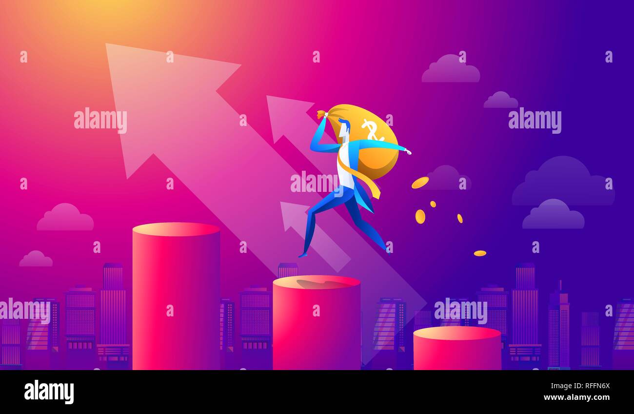 Vector cartoon businessman holding money bag and walking on red graph ...