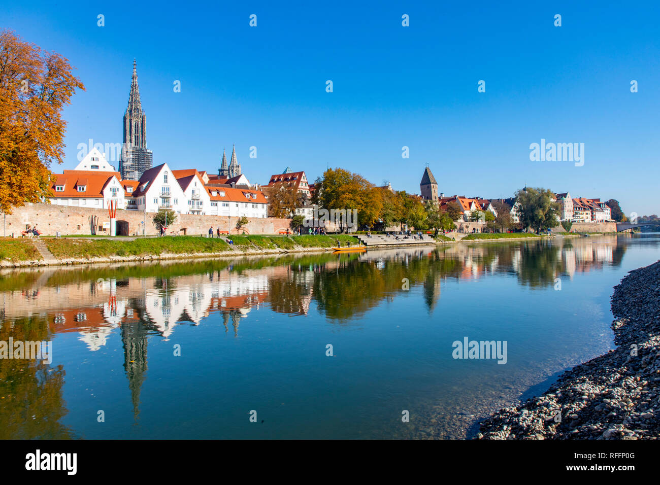 Ulm, skyline of the Old Town on the Danube river, Germany,  Ulmer MŸnster church, Stock Photo