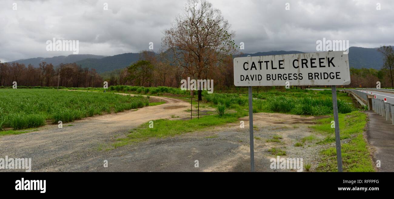 Cattle creek sign and the david burgess bridge, Scenes from the drive up the Mackay Eungella road after the 2018 Eungella bushfires, Australia Stock Photo