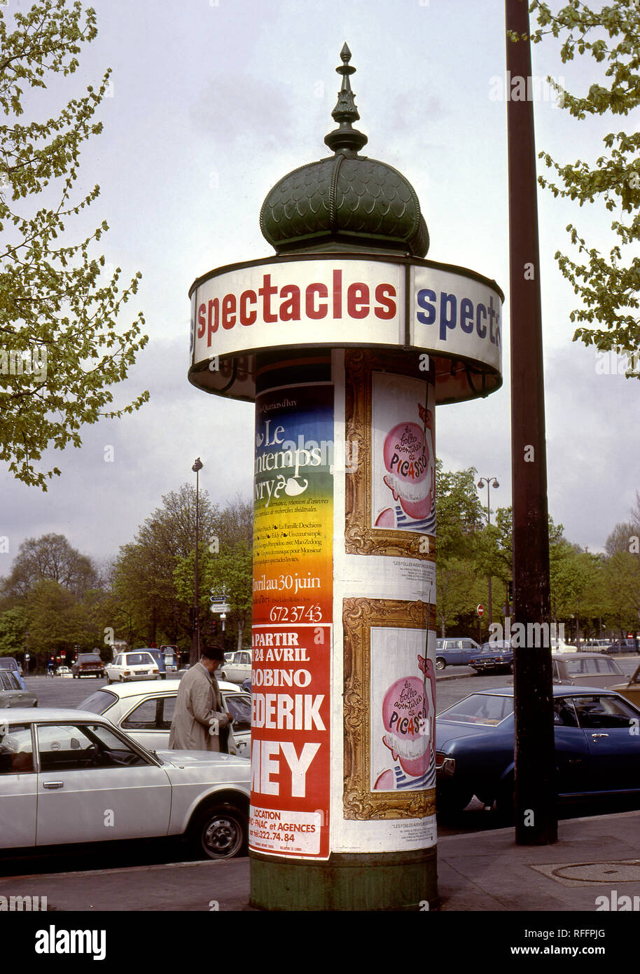 Advertising kiosk in Paris, France circa 1970s Stock Photo