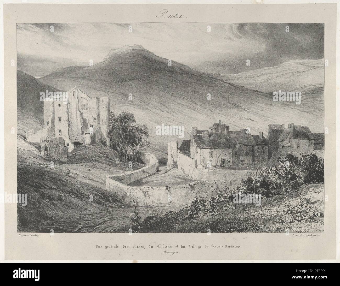 General View of Castle Ruins and of The Village of Saint-Necataire. Artist: Eugène Isabey (French, Paris 1803-1886 Lagny). Dimensions: Sheet: 20 7/8 in. × 14 in. (53.1 × 35.5 cm)  Image: 12 13/16 × 9 15/16 in. (32.5 × 25.2 cm). Printer: Godefroy Engelmann (German (born France), Mulhouse 1788-1839 Mulhouse). Series/Portfolio: Voyages Pittoresques et Romantiques dans L'Ancienne France. Date: probably 1831.  This is from the series of prints Eugène Isabey made for the 'Auvergne' chapter of  the book 'Voyages pittoresques et romantiques dans l'ancienne France'. Museum: Metropolitan Museum of Art,  Stock Photo