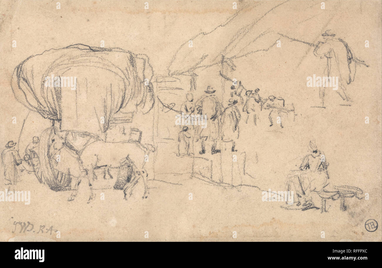 Sheet of Sketches: Wagon, Horse, Milkmaid and Other Figure Studies. Drawing. Graphite on medium, slightly textured, beige wove paper. Height: 111 mm (4.37 in); Width: 178 mm (7 in). Author: James Ward. Stock Photo