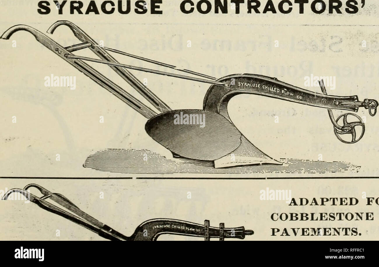 . Catalogue of seeds and agricultural implements, 1902. Nursery stock Connecticut Catalogs; Vegetables Seeds Catalogs; Grasses Seeds Catalogs; Flowers Seeds Catalogs; Gardening Equipment and supplies Catalogs; Agricultural implements Catalogs. SYRACU CONTRACTORS' PLOW.. Hard Iron Wearing Parts. Extra Heavy Iron Beam, Point and Strip. Steel Wheel Standard. Will turn a furrow 5 to 9 in. deep, and 12 to 15 in. wide. An Excellent Plow for General Grad- ing Purposes. No. 1. Contractors with Wheel, C. &amp; J.'s Net Cash Price, $12.00 ADAPTED FOR TEARING UP COBBLESTONE OR MACADAM PAVEMENTS. No. 98.  Stock Photo