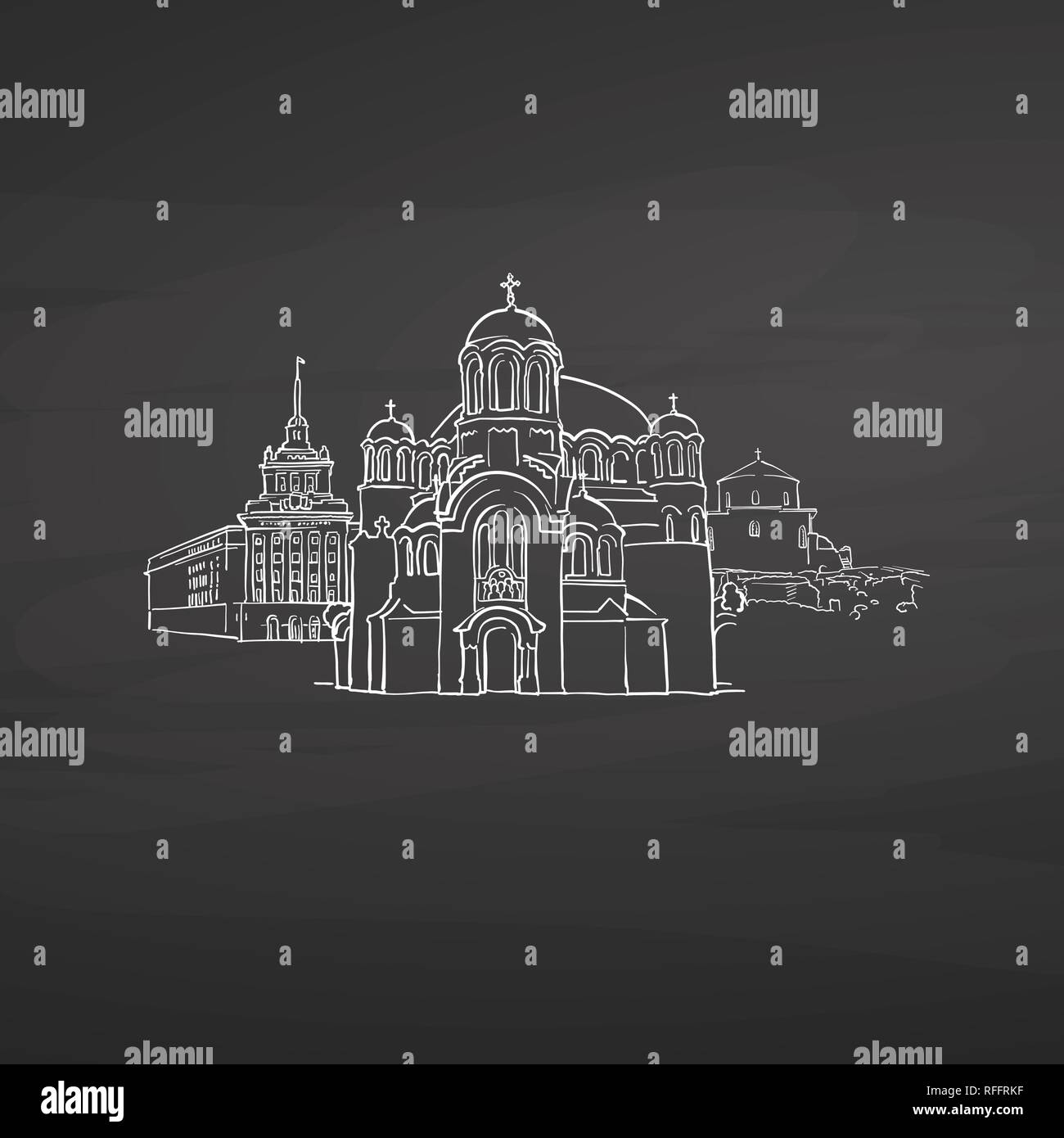 Sofia Bulgaria signs on blackboard. Digital chalk drawn vector sketch on blackboard. European capitals destinations. Stock Vector