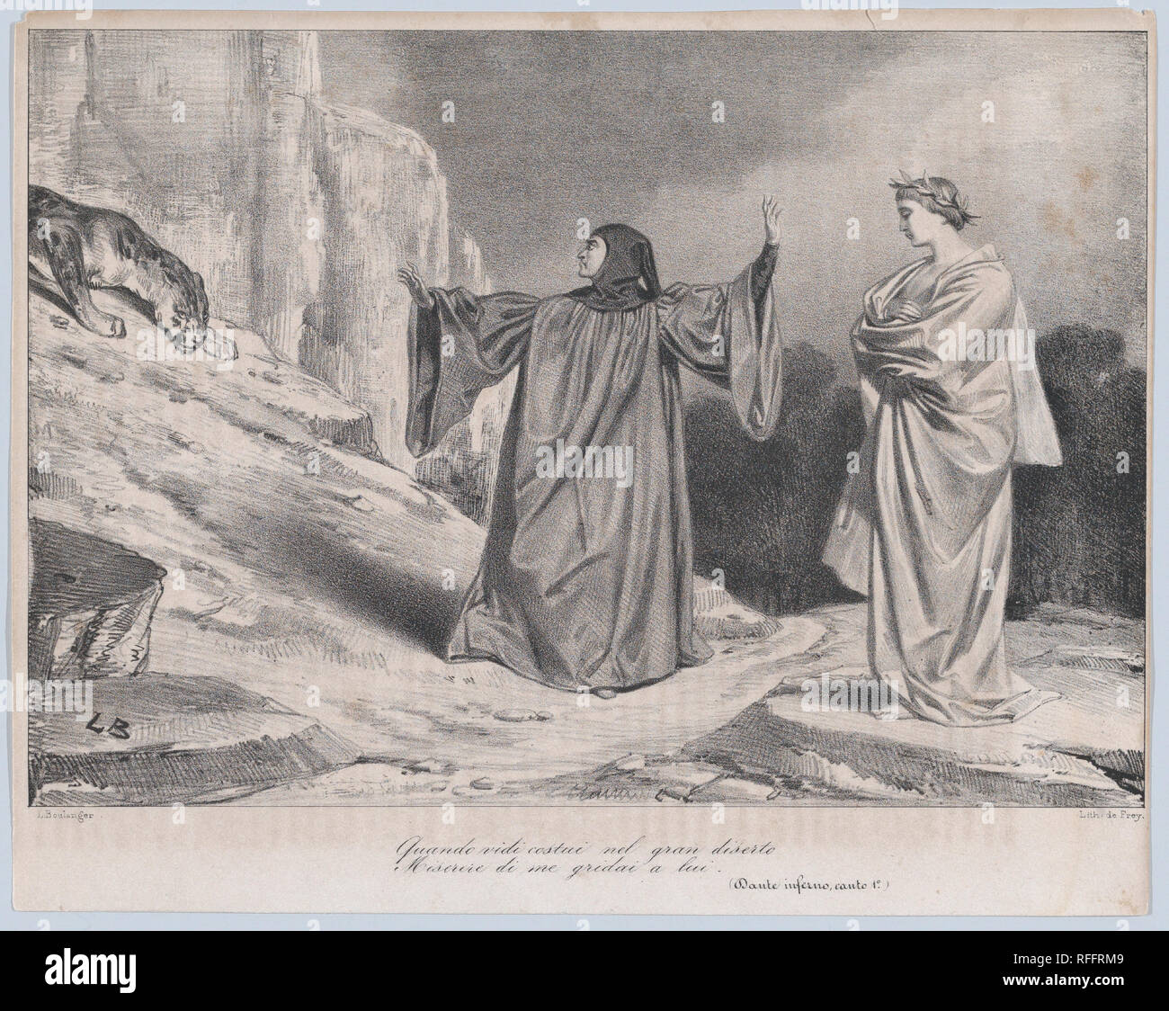 Quando vidi costui nel gran diserte / Misere di me gridai a lui. Artist: Louis Boulanger (French, 1807-1867 Dijon). Dimensions: Sheet: 7 13/16 × 9 3/4 in. (19.8 × 24.8 cm)  Image: 6 11/16 × 9 9/16 in. (17 × 24.3 cm). Publisher: Frey. Series/Portfolio: Dante Inferno. Date: 1835. Museum: Metropolitan Museum of Art, New York, USA. Stock Photo