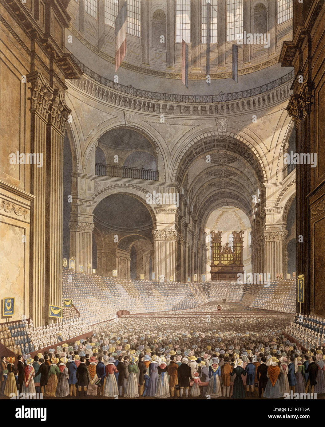 Watercolour - The Anniversary Meeting of the Charity Children in the Cathedral of St. Paul. Date/Period: 1826. Paintings, Prints and Drawings. Paper; ink; watercolour. Author: Robert Havell. Stock Photo