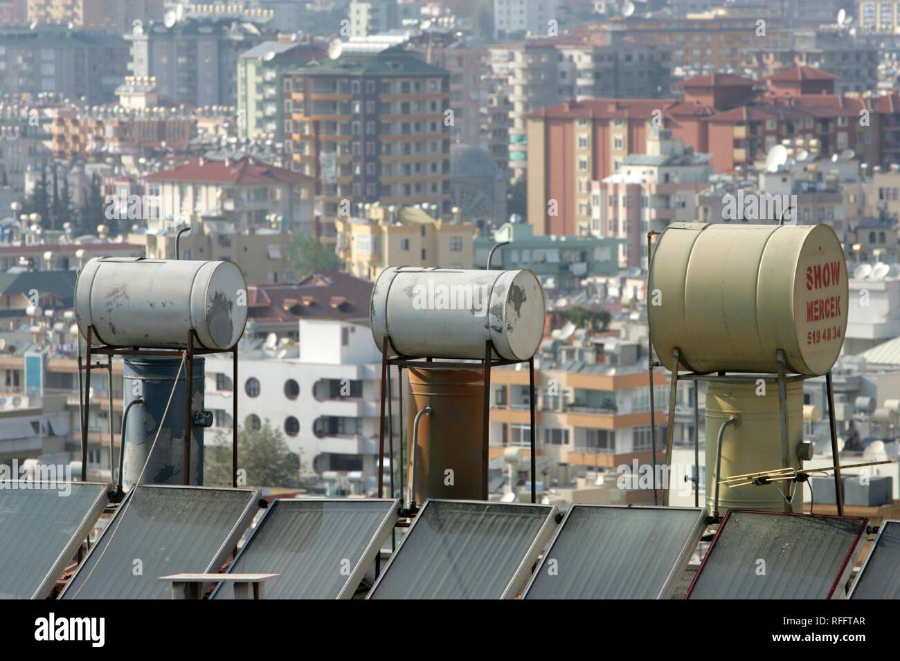 TUR, Turkey, Alanya Turkish Riviera. Ocean of houses. Watertanks and