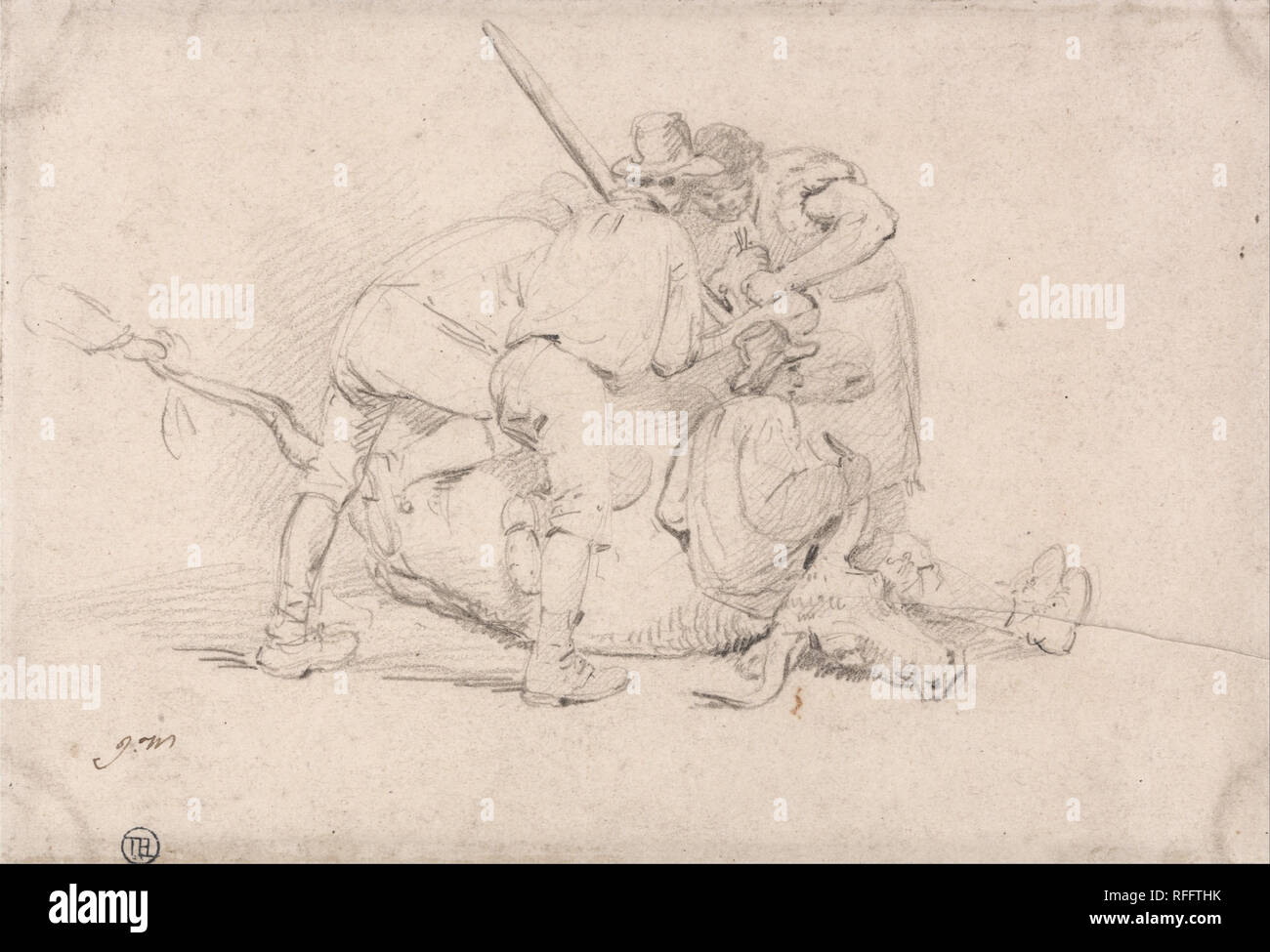 Delivering a Calf. Drawing. Graphite and black chalk on medium, smooth, cream wove paper. Height: 133 mm (5.23 in); Width: 197 mm (7.75 in). Author: James Ward. Stock Photo