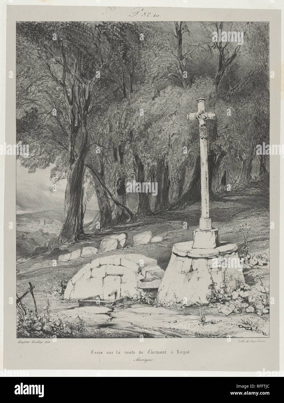 Cross on the Route from Clermont to Royal. Artist: Eugène Isabey (French, Paris 1803-1886 Lagny). Dimensions: Sheet: 21 1/16 × 14 3/8 in. (53.5 × 36.5 cm)  Image: 11 13/16 × 8 7/8 in. (30 × 22.5 cm). Printer: Godefroy Engelmann (German (born France), Mulhouse 1788-1839 Mulhouse). Series/Portfolio: Voyages Pittoresques et Romantiques dans L'Ancienne France. Date: 1831.  This is from the series of prints Eugène Isabey made for the 'Auvergne' chapter of  the book 'Voyages pittoresques et romantiques dans l'ancienne France'. Museum: Metropolitan Museum of Art, New York, USA. Stock Photo