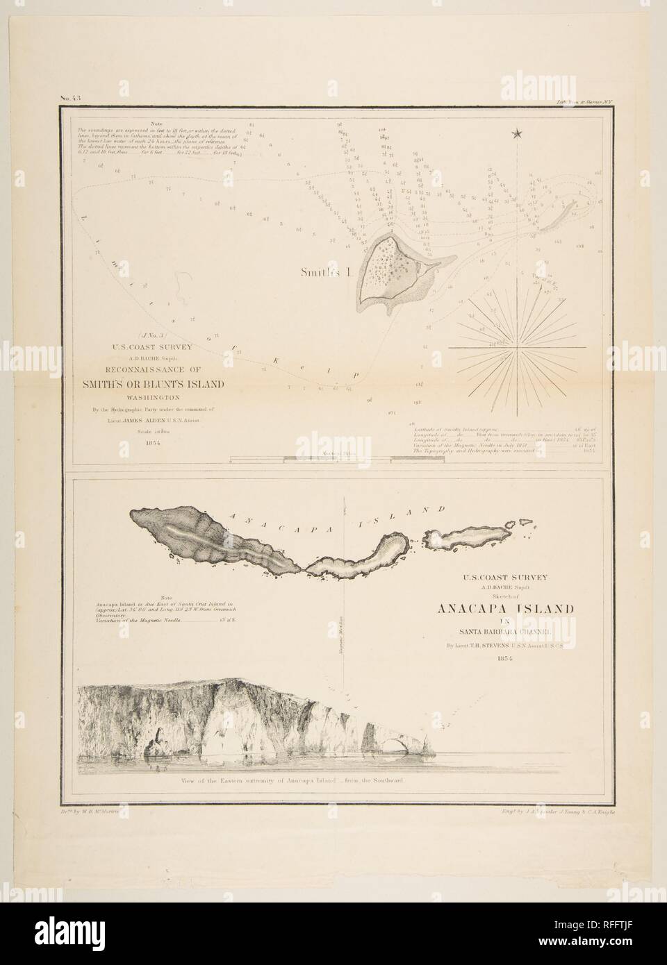 U.S. Coast Survey...Reconnaissance of Smith's or Blunt's Island, Washington / U.S. Coast Survey...Sketch of Anacapa Island in Santa Barbara Channel. Artist: James McNeill Whistler (American, Lowell, Massachusetts 1834-1903 London); Charles Knight (American, active 1854); John Young (American, active 1854); after William Birch McMurtrie (American, Philadelphia, Pennsylvania 1816-1872 Washington, D.C.). Dimensions: image: 11 3/4 x 9 5/16 in. (29.8 x 23.7 cm)  sheet: 14 1/2 x 10 11/16 in. (36.8 x 27.1 cm). Date: 1854-57. Museum: Metropolitan Museum of Art, New York, USA. Stock Photo