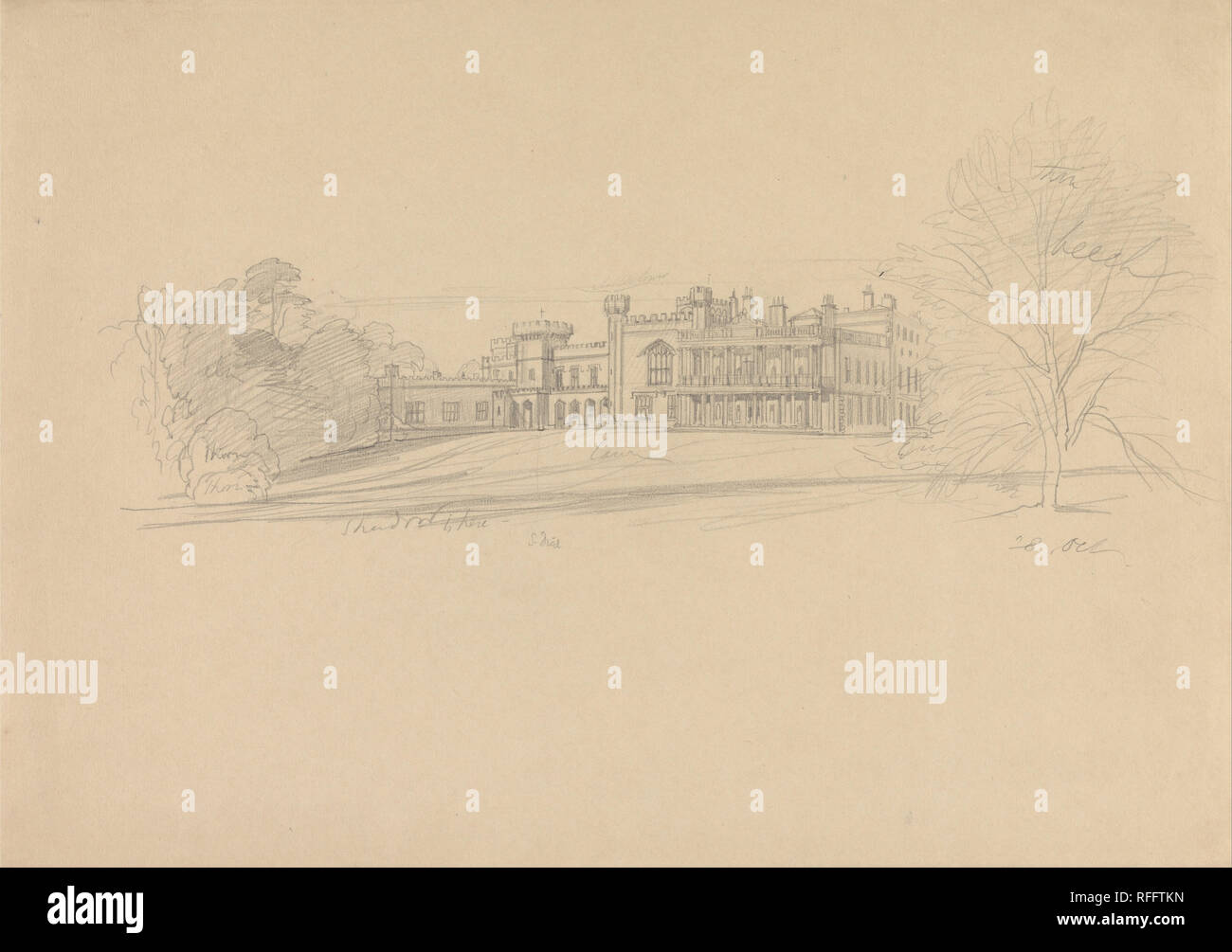 Knowsley Hall. Drawing. Graphite on thick, moderately textured, beige wove paper. Height: 273 mm (10.74 in); Width: 381 mm (15 in). Author: Edward Lear. Stock Photo
