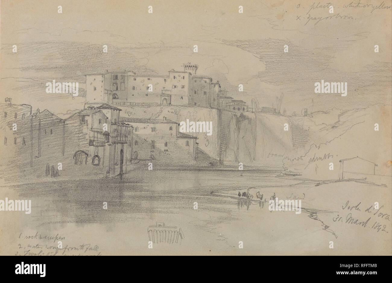 Isola di Sora, 31 Mar. 1842. Date/Period: 1842. Drawing. Graphite with stumping on moderately thick, moderately textured, gray wove paper. Height: 168 mm (6.61 in); Width: 257 mm (10.11 in). Author: Edward Lear. Stock Photo