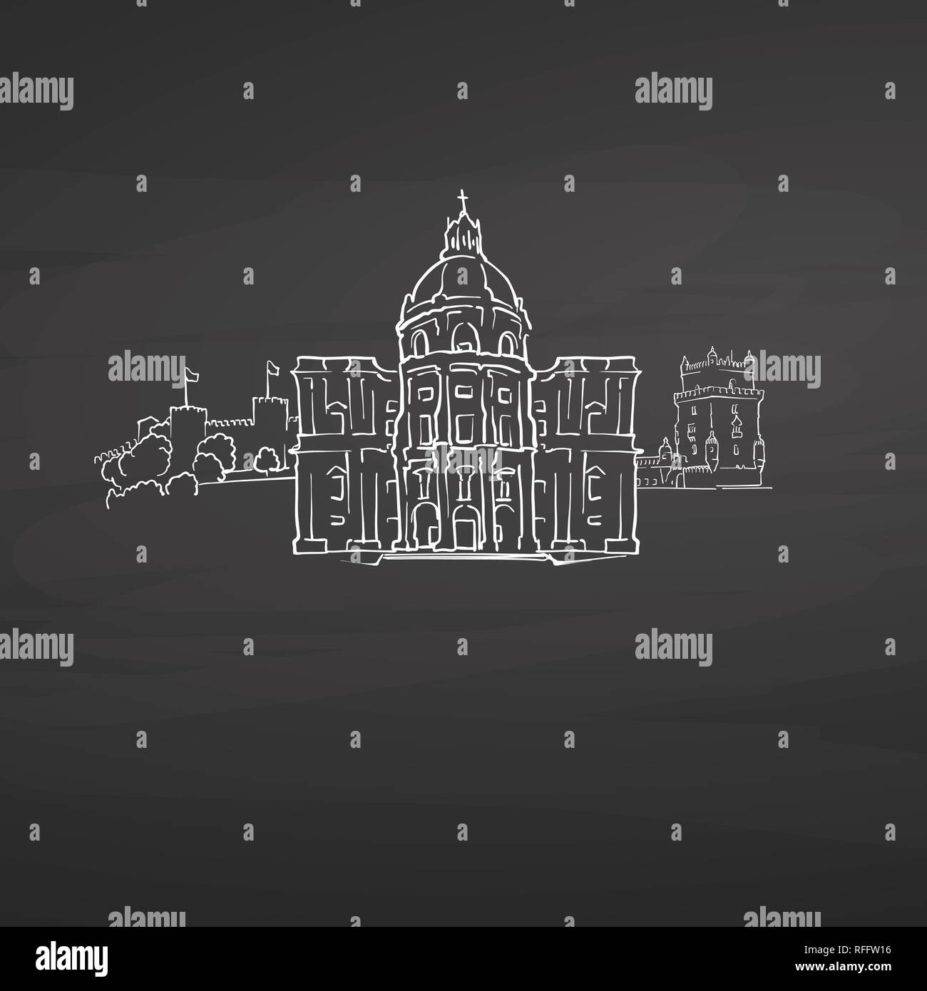 Lisbon Portugal signs on blackboard. Digital chalk drawn vector sketch on blackboard. European capitals destinations. Stock Vector