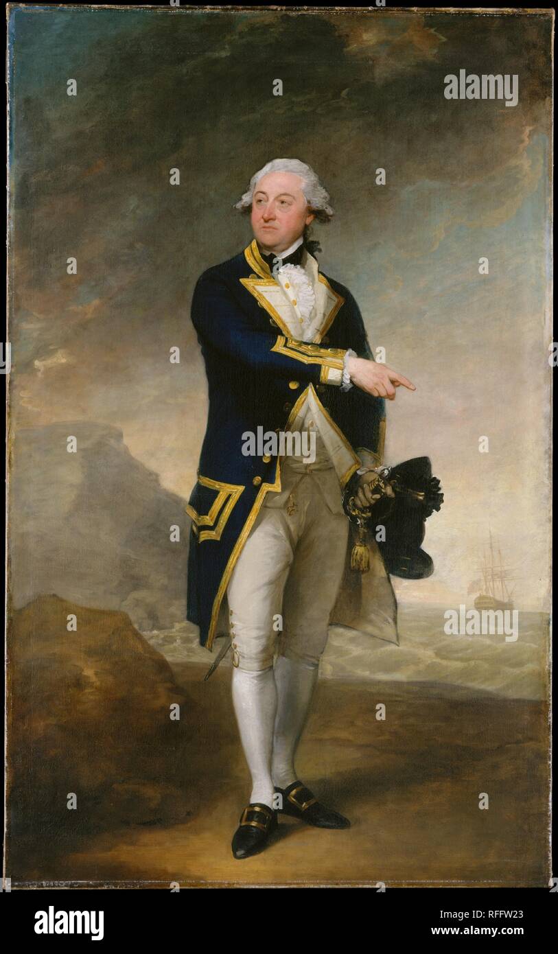 Captain John Gell. Artist: Gilbert Stuart (American, North Kingston, Rhode Island 1755-1828 Boston, Massachusetts). Dimensions: 94 1/2 x 58 1/2 in. (240 x 148.6 cm). Date: 1785.  In 1785 the British naval officer John Gell (1738-1806) had just completed his duty on the seventy-gun Monarca, which he had commanded in a series of battles against the French. For this portrait, Stuart used as a model Sir Joshua Reynolds's heroic 'Commodore Augustus Keppel' (1752; National Maritime Museum, Greenwich, UK). In homage to Reynolds, Stuart employed a combination of fine and slapdash brushwork, conveying  Stock Photo