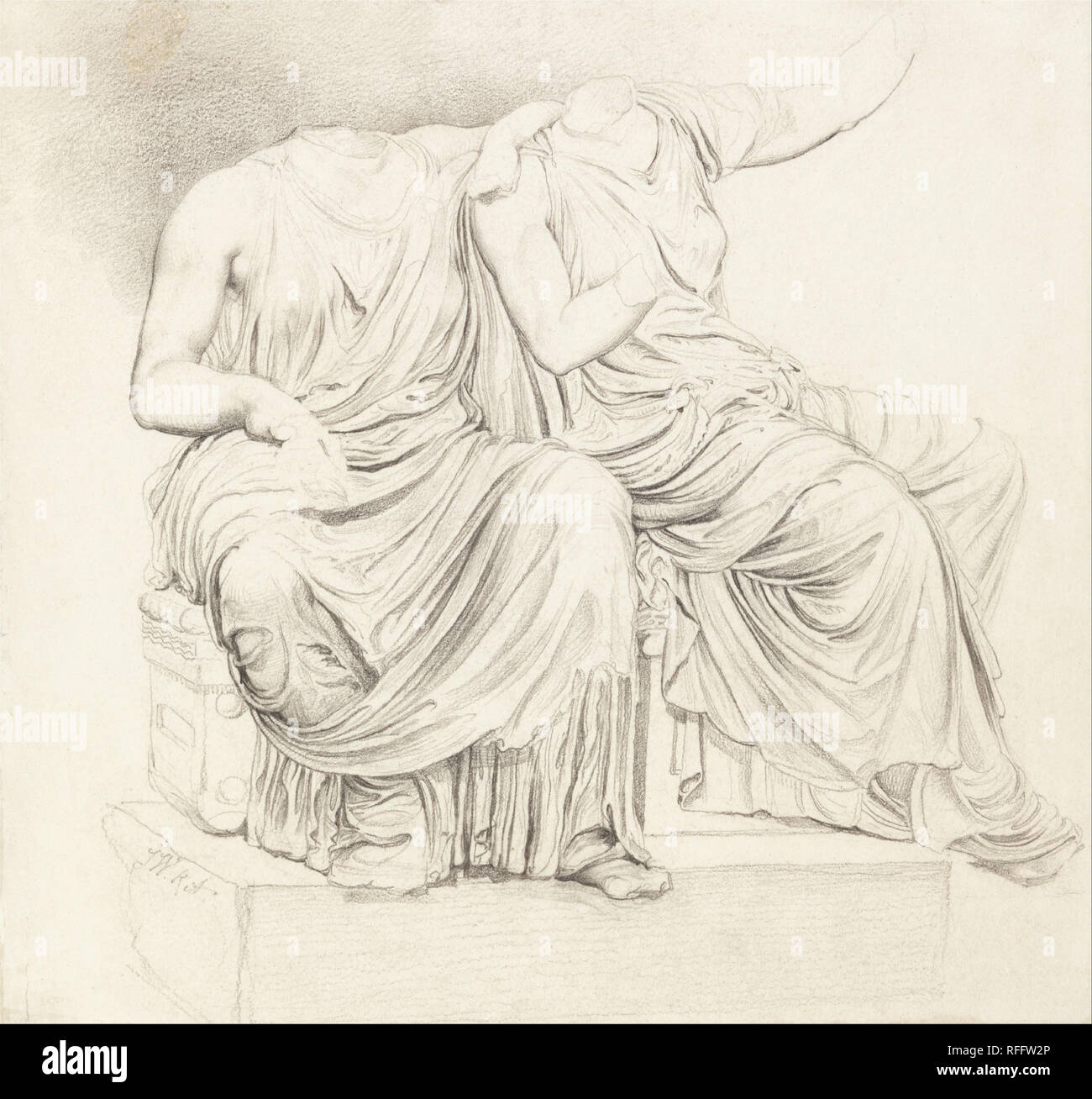 Study of Two Headless Classical Statues. Drawing. Graphite on medium, slightly textured, cream wove paper. Height: 251 mm (9.88 in); Width: 267 mm (10.51 in). Author: James Ward. Stock Photo