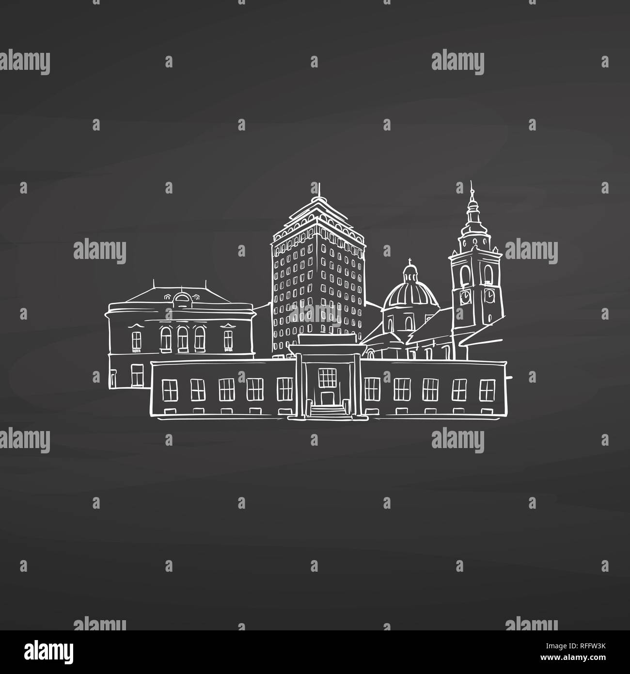 Ljubljana Slovenia signs on blackboard. Digital chalk drawn vector sketch on blackboard. European capitals destinations. Stock Vector