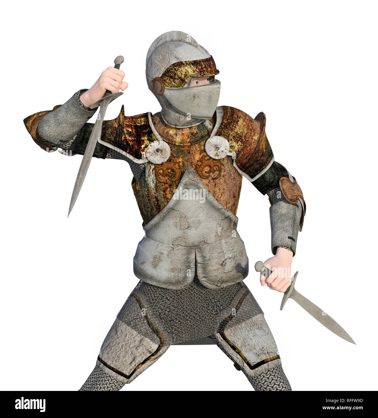 Illustration of warrior with ancient armor with two large daggers. Fighting action pose Stock Photo