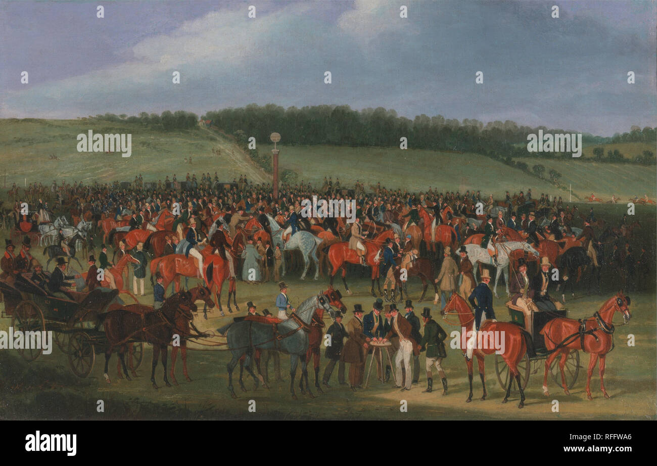 Epsom Races: The Betting Post. Date/Period: 1834 to 1835. Painting. Oil on canvas. Height: 308 mm (12.12 in); Width: 473 mm (18.62 in). Author: James Pollard. Stock Photo