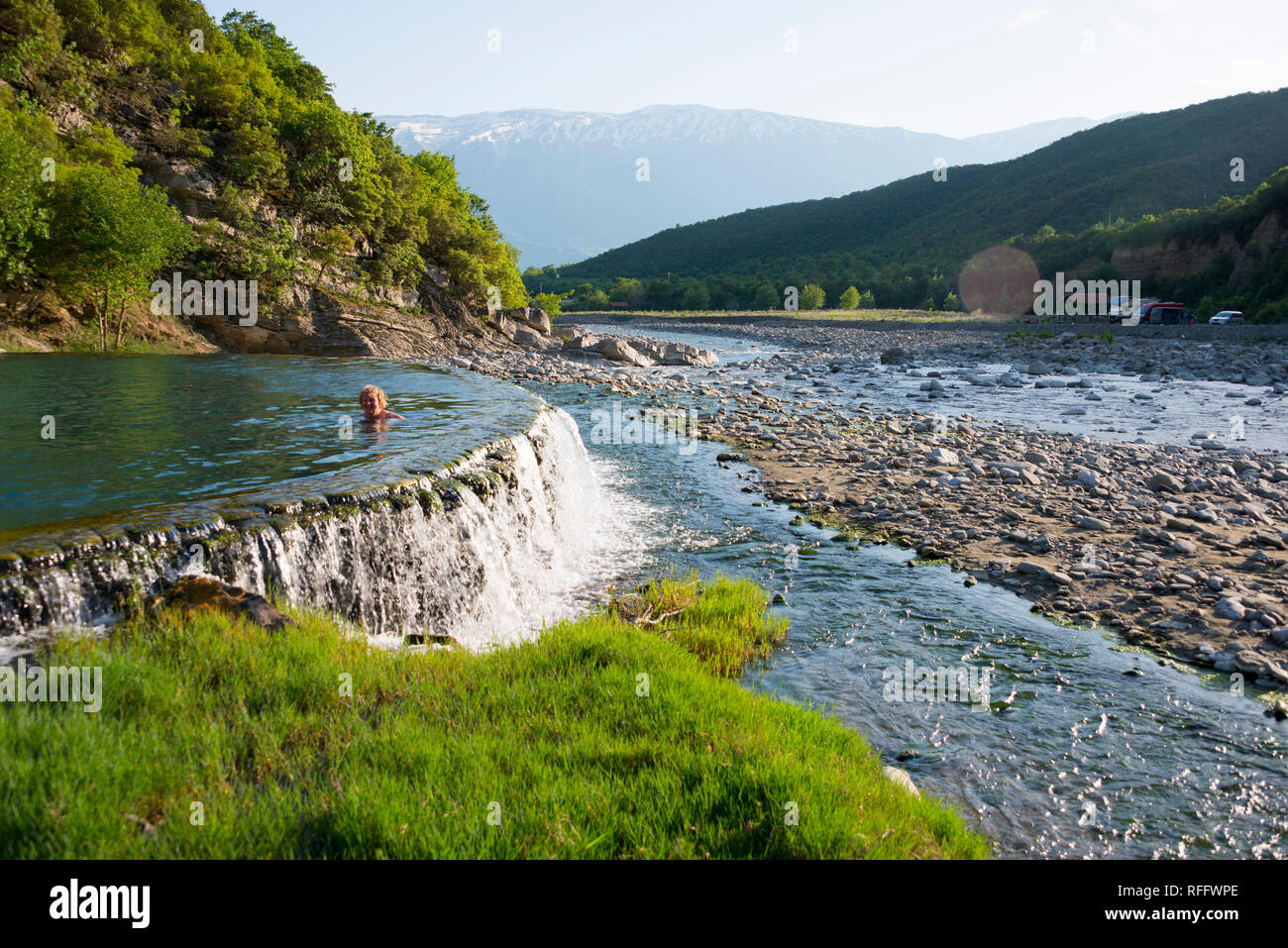 Sulfuric hot spring, thermal spring, river Lengarica, Benja, Albania, Benje Stock Photo