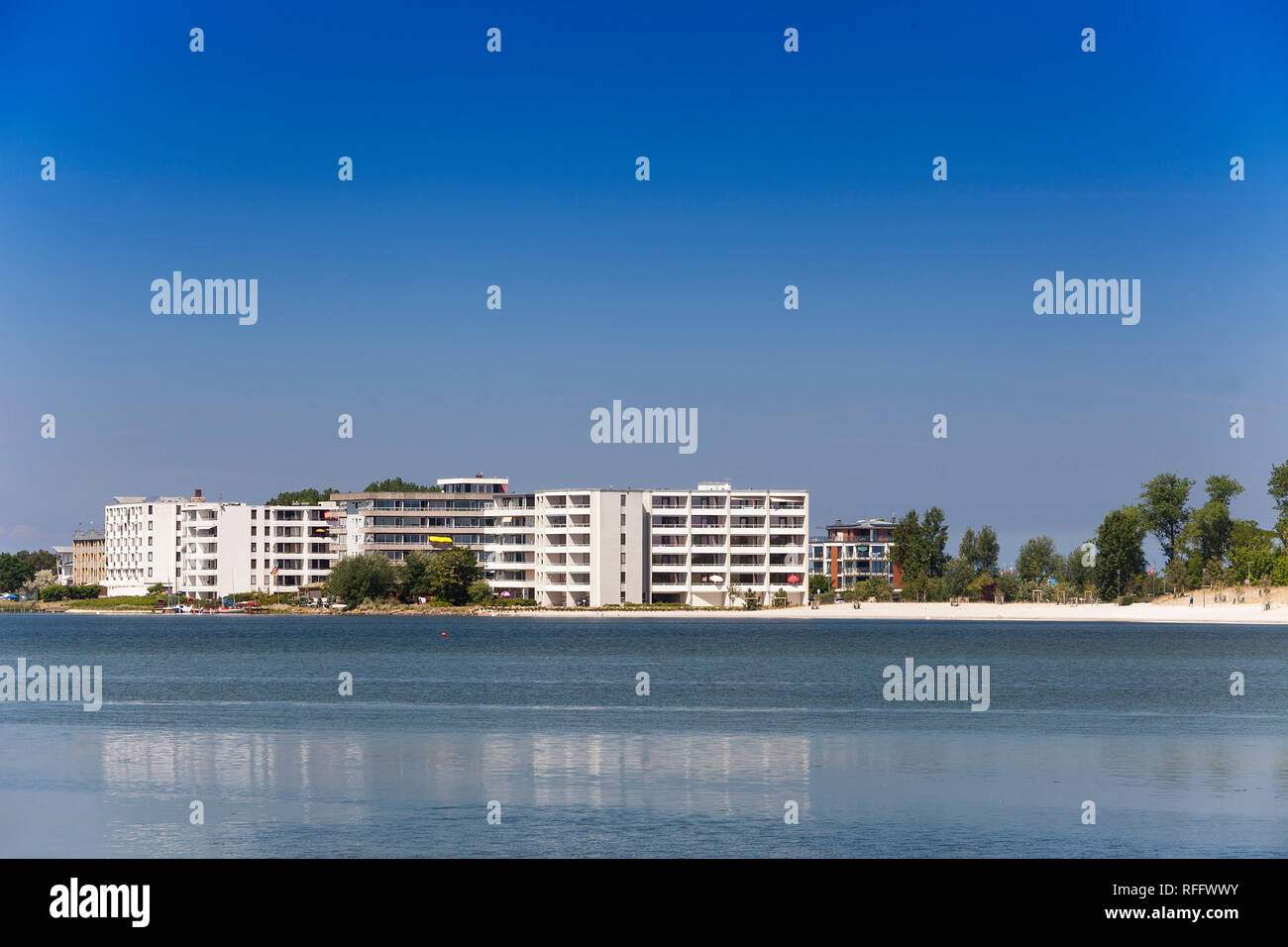 View over inland lake to hotel complex, Heiligenhafen, Schleswig-Holstein, Germany, Europe Stock Photo