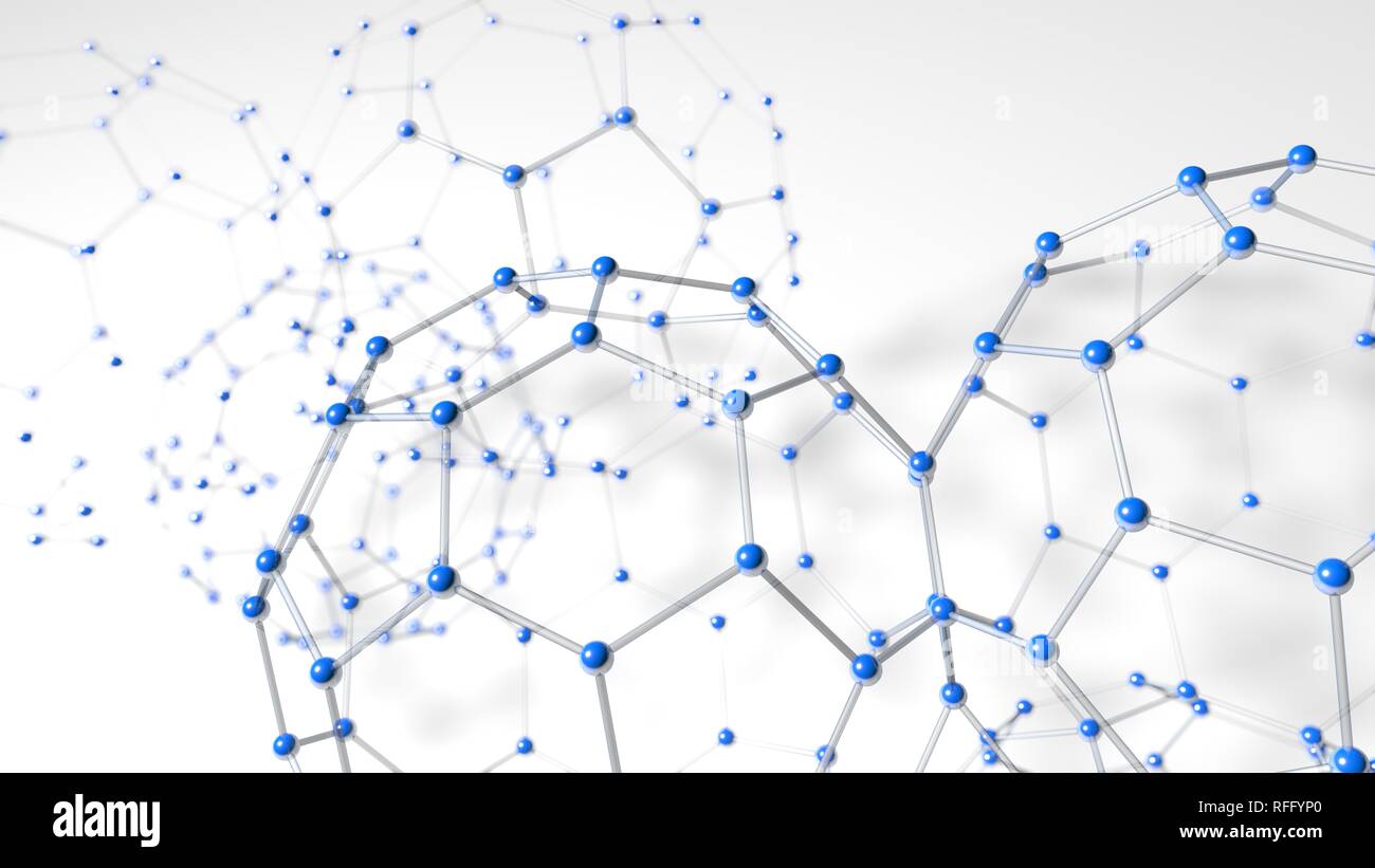 Complex structure formed by tubes and blue spheres as molecules forming
