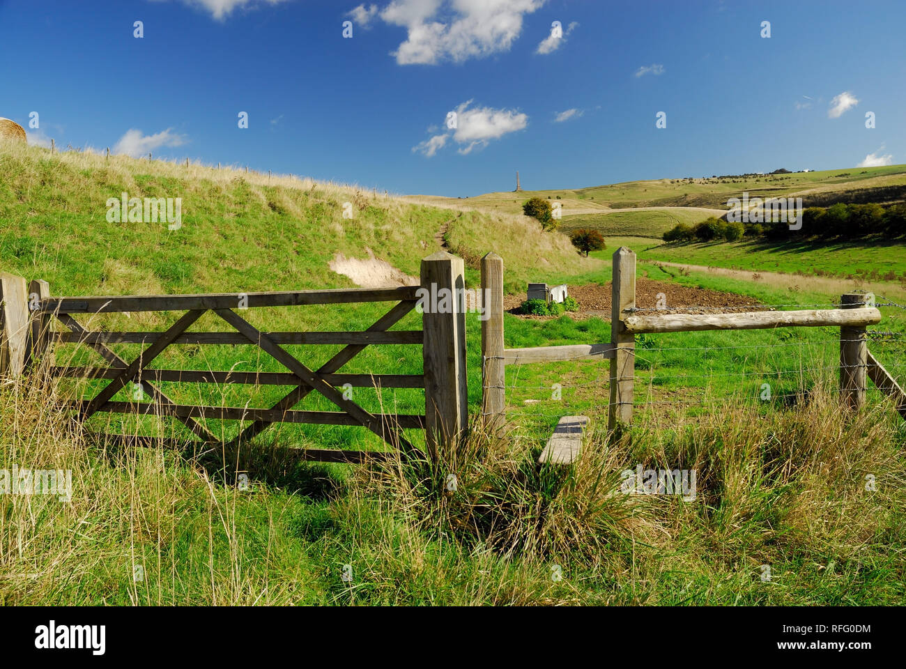 Stile and gate in Ranscombe Bottom, looking towards Cherhill Down. Stock Photo