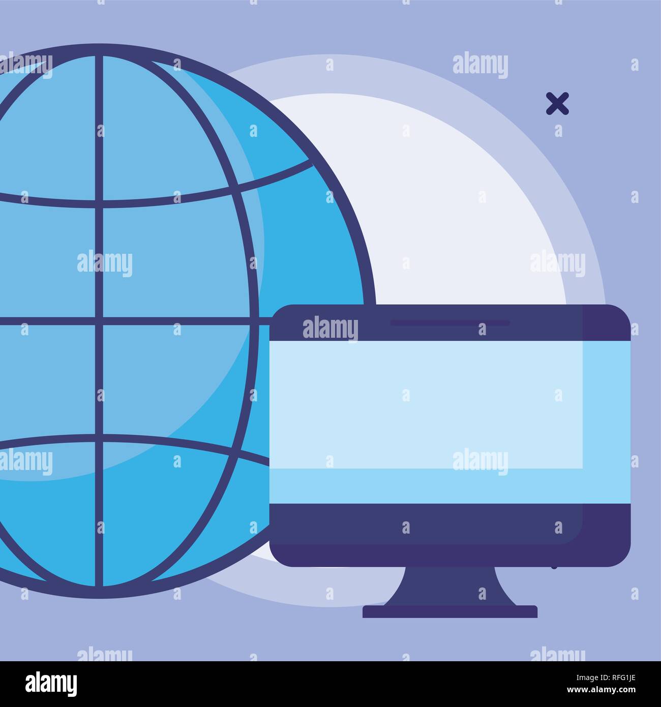 computer and global sphere over purple background, vector illustration ...