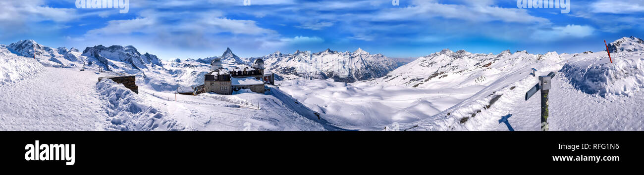 Panorama view of Matterhorn and Pennine Alps Massive from Gornergrat Stock Photo