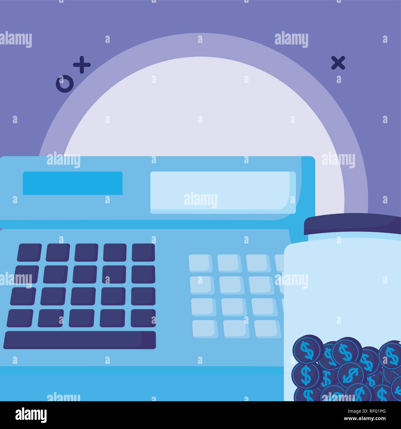 cash register and moneybox bottle over purple background, vector illustration Stock Vector Image